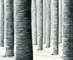 disegno acquarello bosco alberi neve inverno