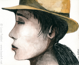 disegno acquarello profilo di donna con cappello giallo