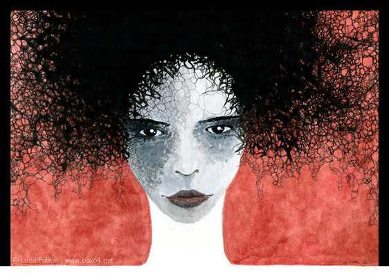 disegno volto di donna con capelli aggrovigliati su fondo rosso